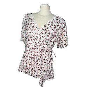Doublju Womens 1X Cherry Print Wrap Top Asymmetrical Hem Short Sleeves Lightweig